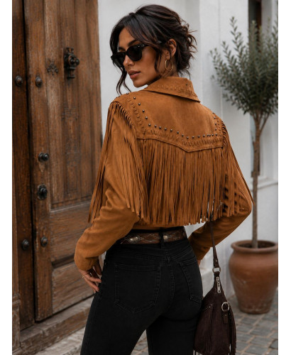 Chaqueta tipo ante marrón con flecos y detalles decorativos 2