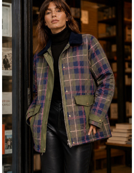 Parka Acolchada de Cuadros con Cuello de Micropana Marino