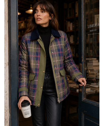 Parka Acolchada de Cuadros con Cuello de Micropana Marino