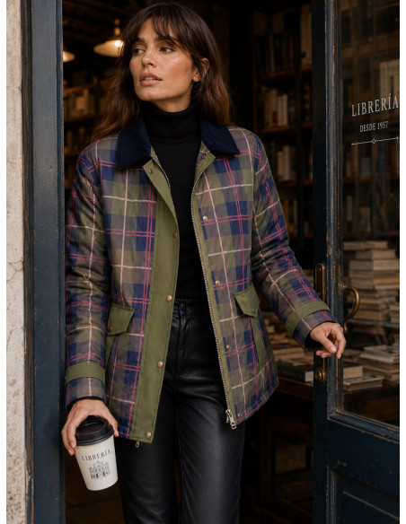 Parka Acolchada de Cuadros con Cuello de Micropana Marino