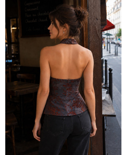 Top Halter marrón Estilo Japonés con Detalles Terciopelo 2