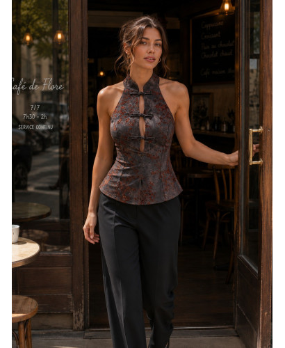 Top Halter marrón Estilo Japonés con Detalles Terciopelo