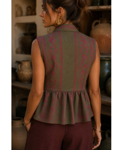 Blusa de lino verde con dibujo en granate 2