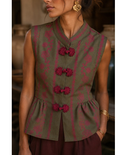 Blusa de lino verde con dibujo en granate