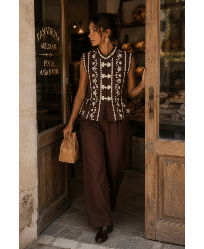 Blusa de lino chocolate con dibujo en blanco 2