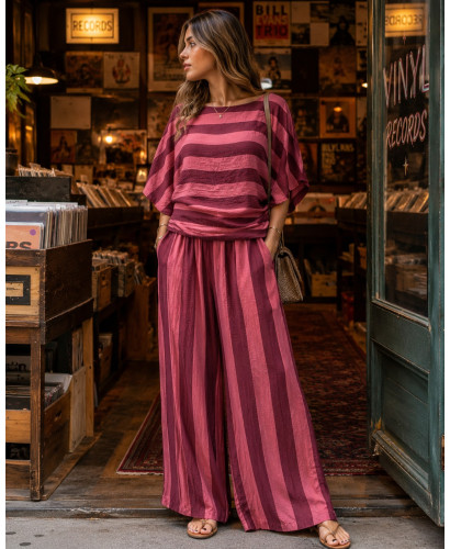 Conjunto de Blusón y Pantalón a Rayas  rosa y granate