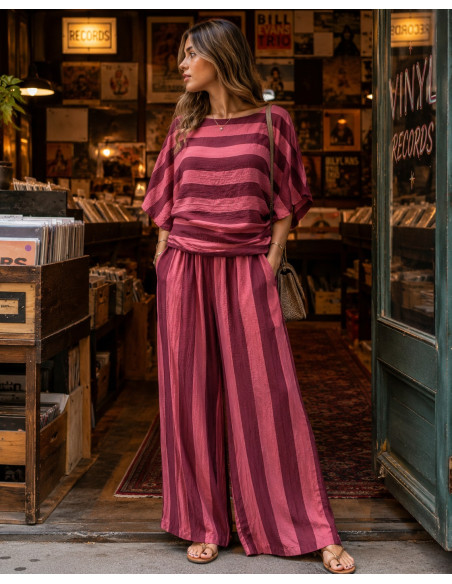 Conjunto de Blusón y Pantalón a Rayas  rosa y granate