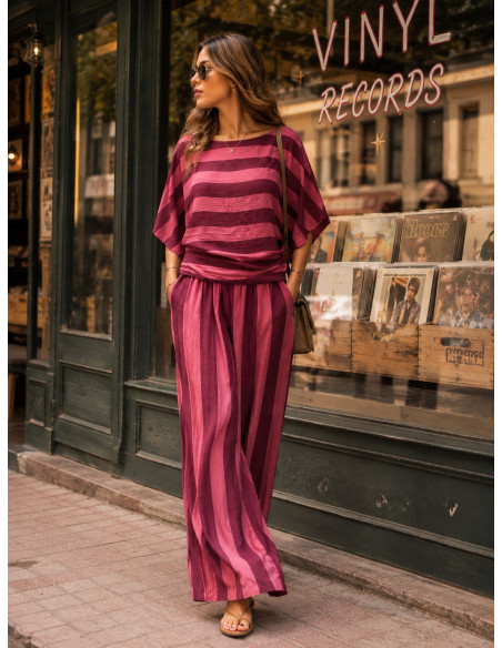 Conjunto de Blusón y Pantalón a Rayas  rosa y granate