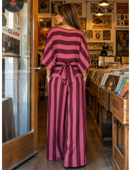 Conjunto de Blusón y Pantalón a Rayas  rosa y granate