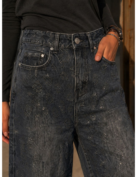 👖 Pantalón Vaquero Negro Desgastado con Strass