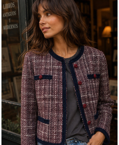 Chaqueta Tweed Burdeos con Ribetes y Botones Marino
