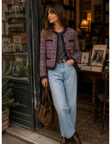 Chaqueta Tweed Burdeos con Ribetes y Botones...