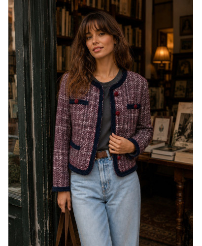 Chaqueta Tweed Burdeos con Ribetes y Botones Marino 2