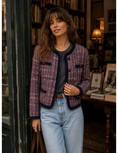 Chaqueta Tweed Burdeos con Ribetes y Botones...
