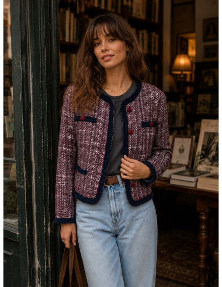Chaqueta Tweed Burdeos con Ribetes y Botones Marino