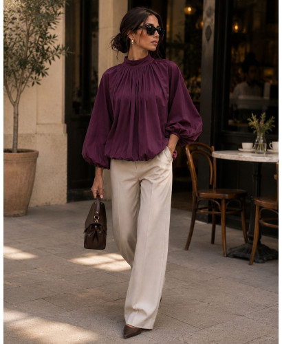 Blusa con manga globo y cuello chimenea granate 2