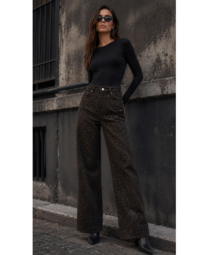👖 Pantalón Vaquero Animal Print Chocolate y Negro con Strass 2