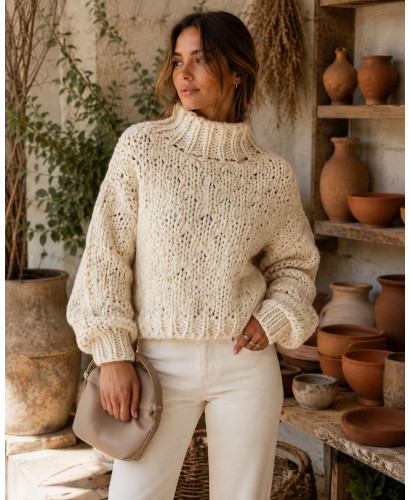 ✨ Suéter crudo de punto grueso con cuello chimenea 2