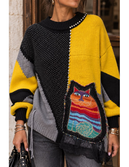 Suéter Combinado Multicolor con Gato y Strass ✨🐱