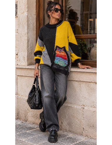 Suéter Combinado Multicolor con Gato y Strass ✨🐱