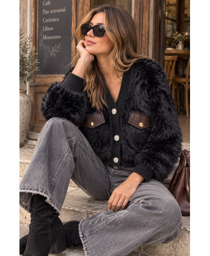 Chaqueta de Pelo Negra con Tapetas Efecto Piel Chocolate 2