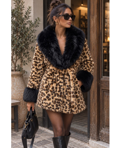 Abrigo de pelo sintético animal print con cinturón ajustable