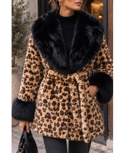 Abrigo de pelo sintético animal print con cinturón ajustable 2
