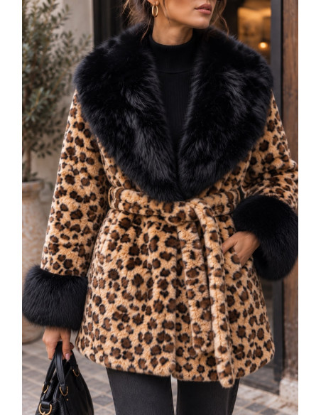 Abrigo de pelo sintético animal print con cinturón ajustable