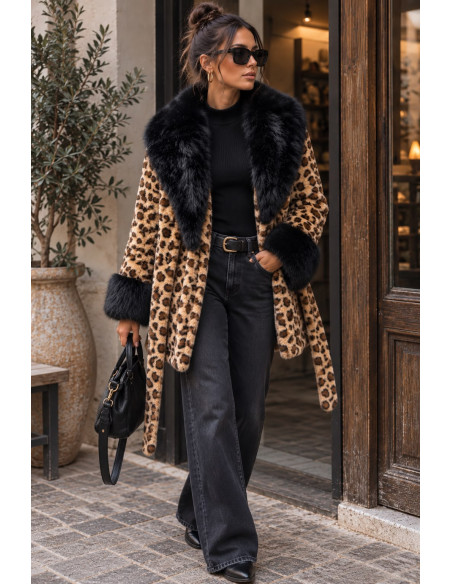 Abrigo de pelo sintético animal print con cinturón ajustable