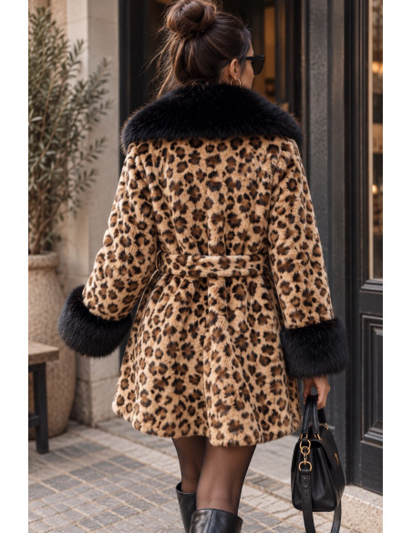 Abrigo de pelo sintético animal print con cinturón ajustable