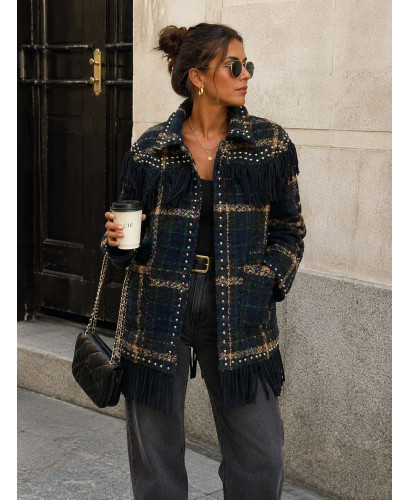 Chaqueta de Paño de Cuadros con Flecos y Tachas Plateadas