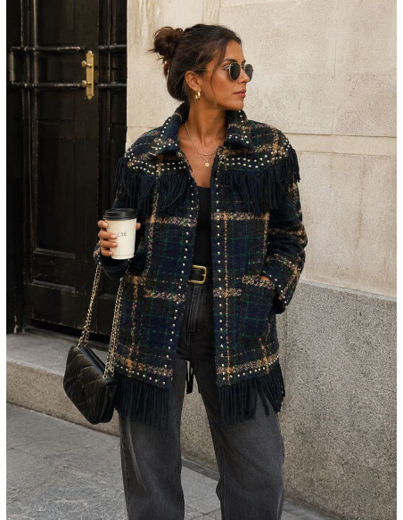 Chaqueta de Paño de Cuadros con Flecos y Tachas Plateadas