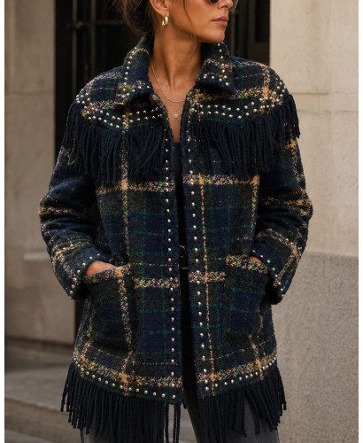 Chaqueta de Paño de Cuadros con Flecos y Tachas Plateadas 2