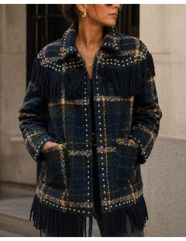 Chaqueta de Paño de Cuadros con Flecos y Tachas...