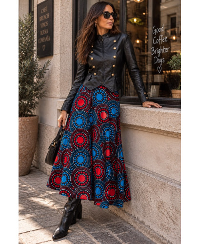 Falda Larga Boho Estampada ❤️ Círculos en Rojo y Azul