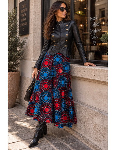 Falda Larga Boho Estampada ❤️ Círculos en Rojo...