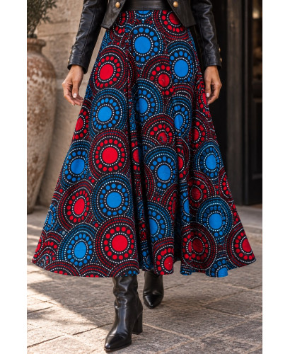 Falda Larga Boho Estampada ❤️ Círculos en Rojo y Azul 2
