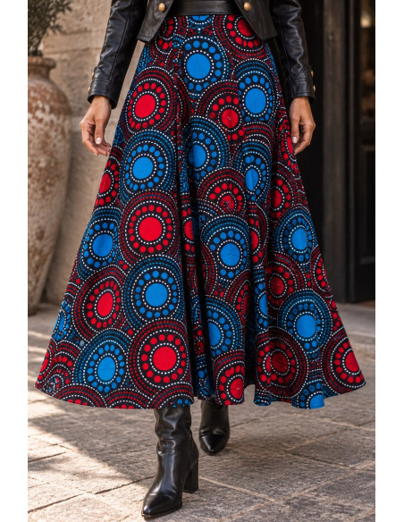Falda Larga Boho Estampada ❤️ Círculos en Rojo y Azul