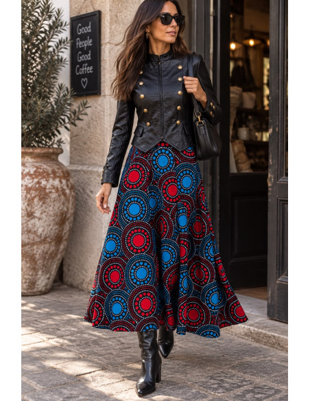 Falda Larga Boho Estampada ❤️ Círculos en Rojo y Azul
