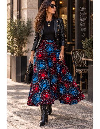 Falda Larga Boho Estampada ❤️ Círculos en Rojo...