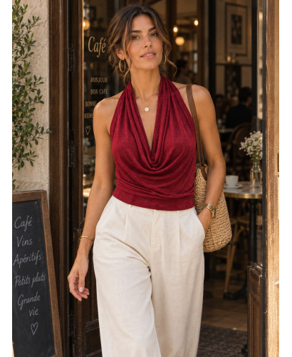 Top granate con Escote Halter y Espalda Trenzada