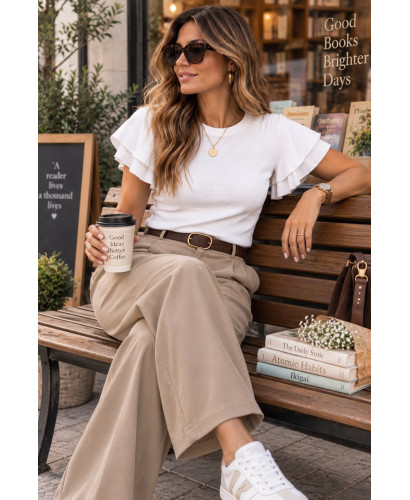 Top de Punto Fino Blanco con Mangas de Volantes 🤍