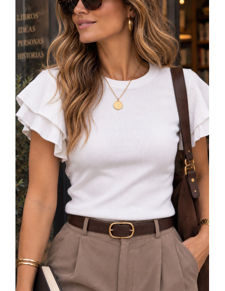 Top de Punto Fino Blanco con Mangas de Volantes 🤍