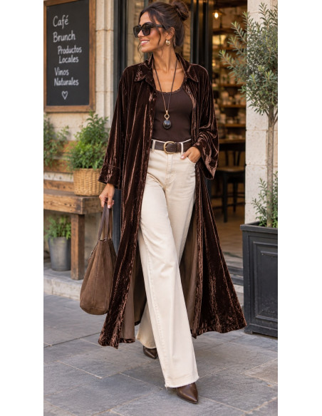 Vestido camisero de terciopelo con aberturas laterales chocolate