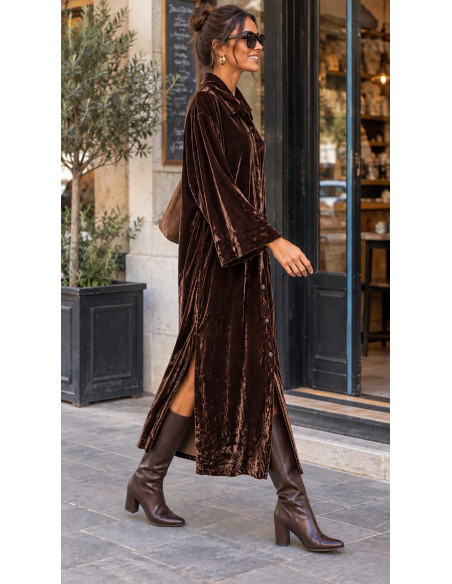 Vestido camisero de terciopelo con aberturas laterales chocolate