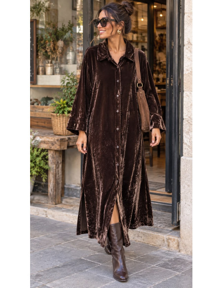 Vestido camisero de terciopelo con aberturas laterales chocolate