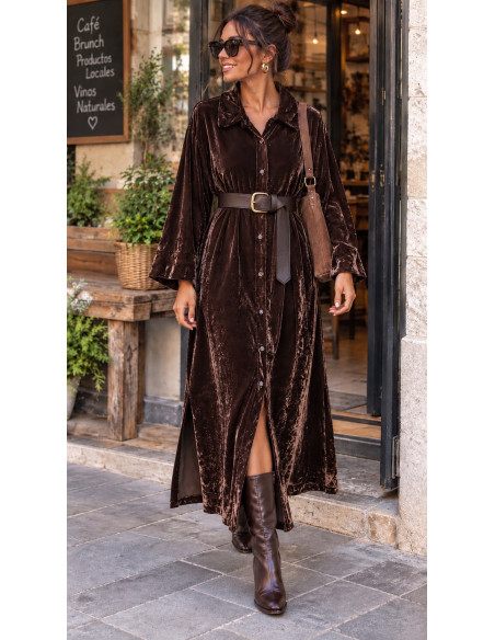 Vestido camisero de terciopelo con aberturas laterales chocolate