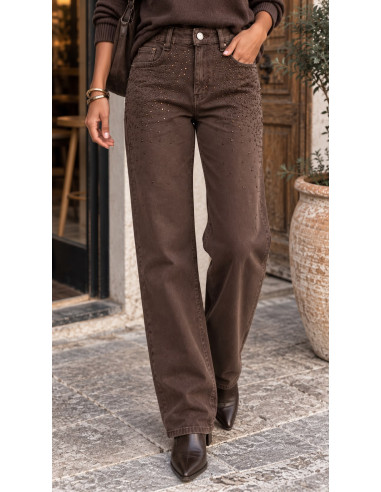 Pantalón Vaquero Chocolate Recto con Strass ✨