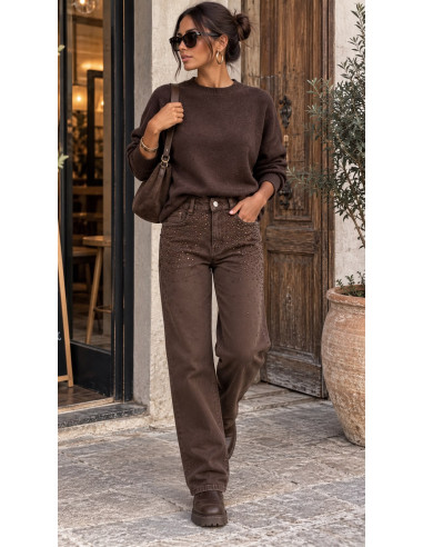 Pantalón Vaquero Chocolate Recto con Strass ✨