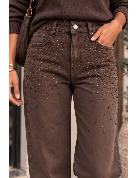 Pantalón Vaquero Chocolate Recto con Strass ✨